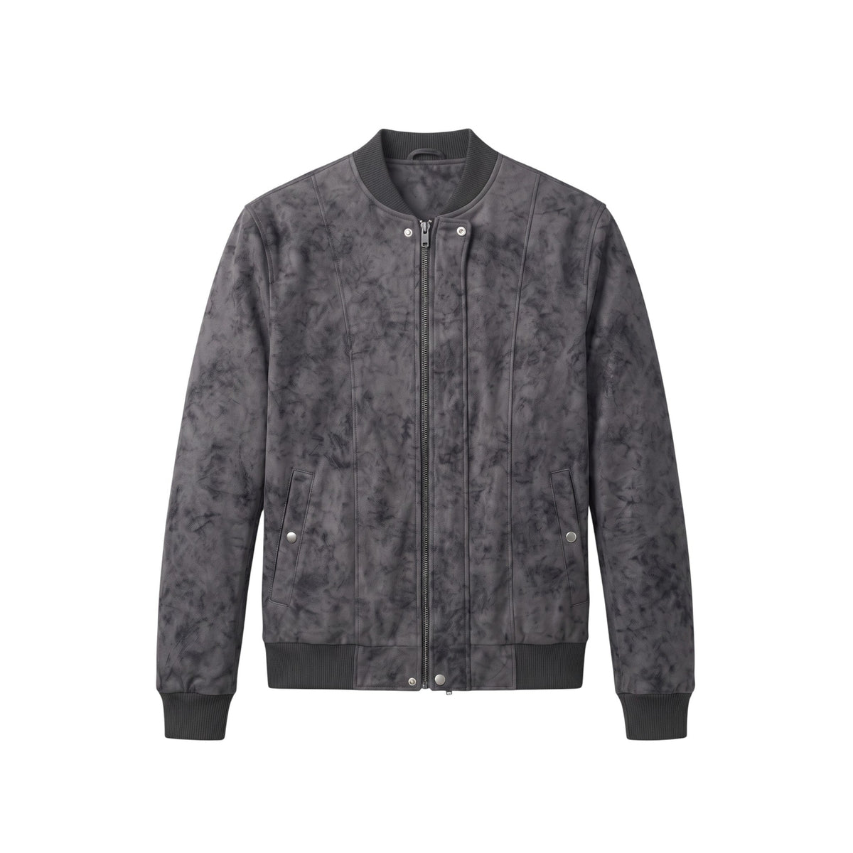 Jaqueta bomber masculina Bluviso em camurça cinza com zíper frontal, gola alta e punhos canelados