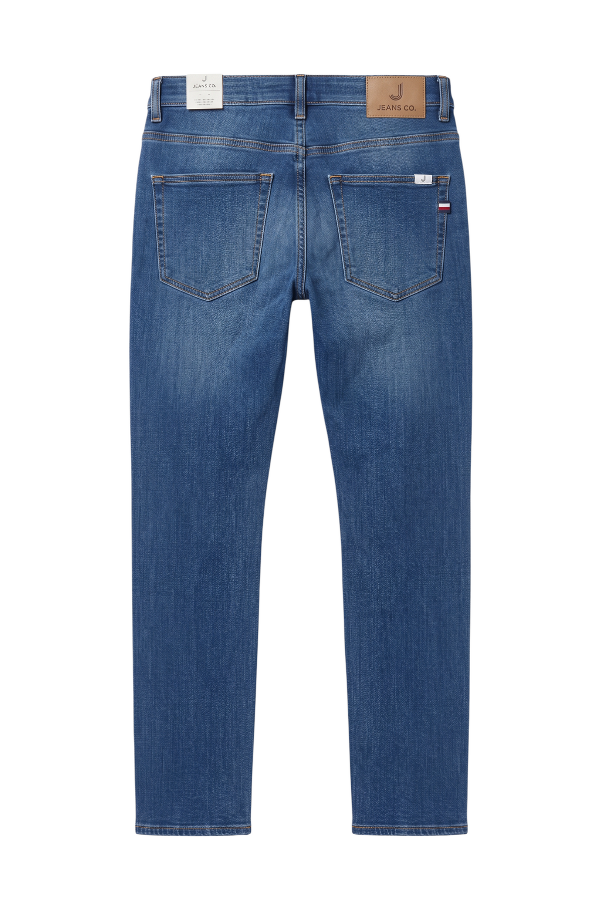 Calça jeans masculina Bluviso azul marinho com corte ajustado e etiqueta de couro na parte traseira