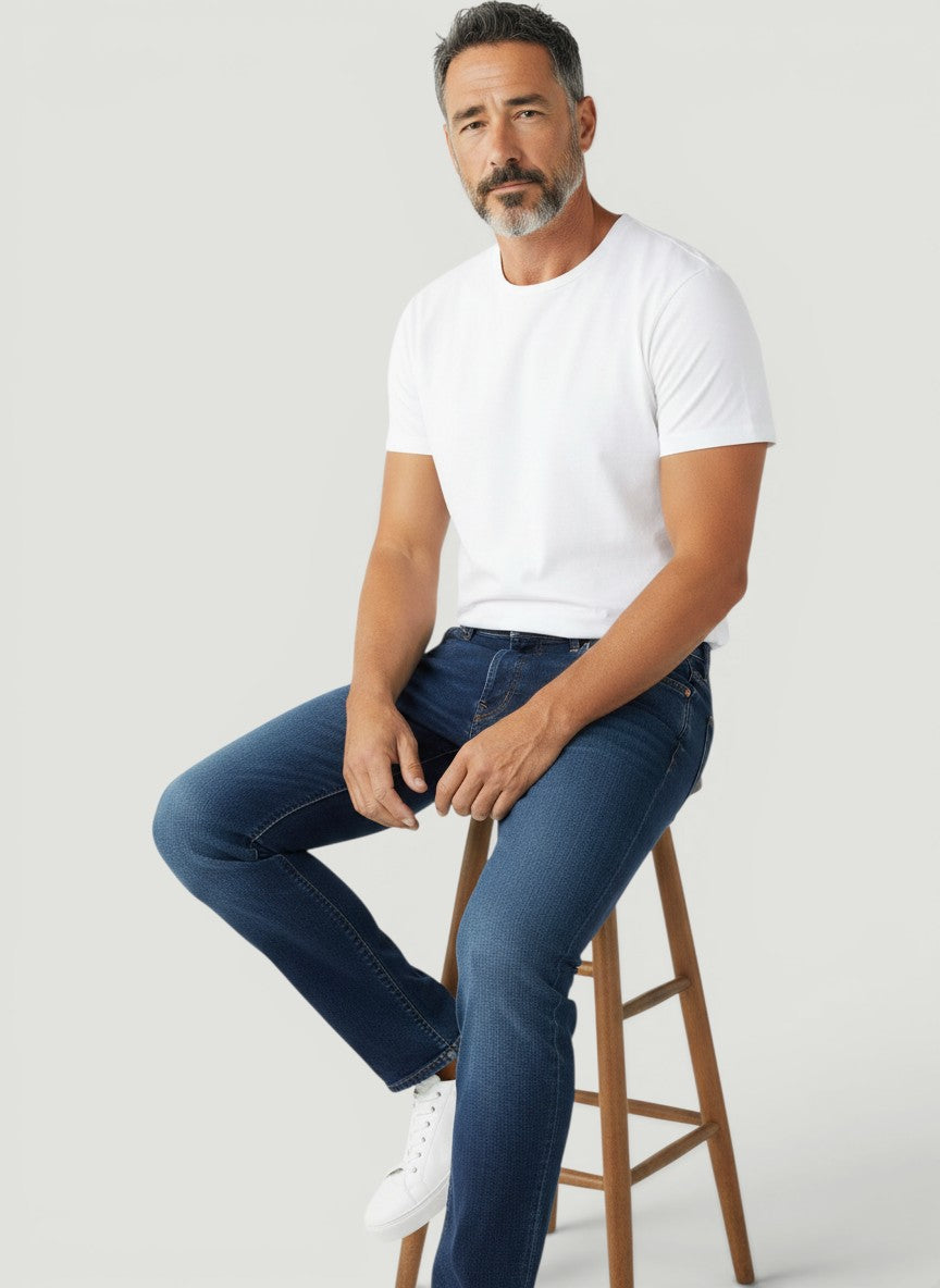 Homem vestindo calça jeans Bluviso de corte ajustado azul escuro sentado em banco de madeira