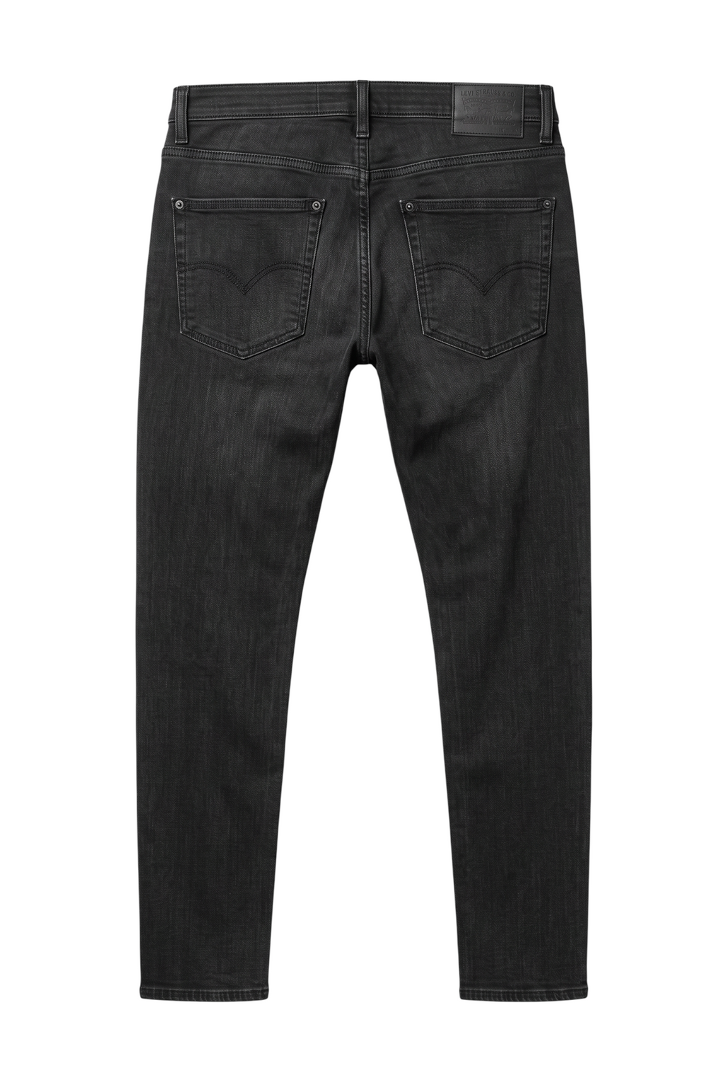 Calça jeans masculina Bluviso casual preta com corte ajustado e bolsos traseiros, vista de costas.