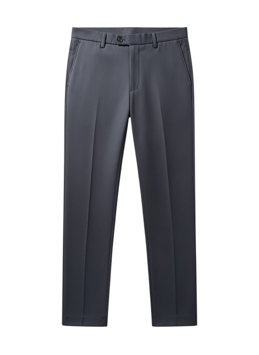 Calça social masculina Bluviso cinza de corte reto, tecido leve e elástico, ideal para o verão e uso casual.