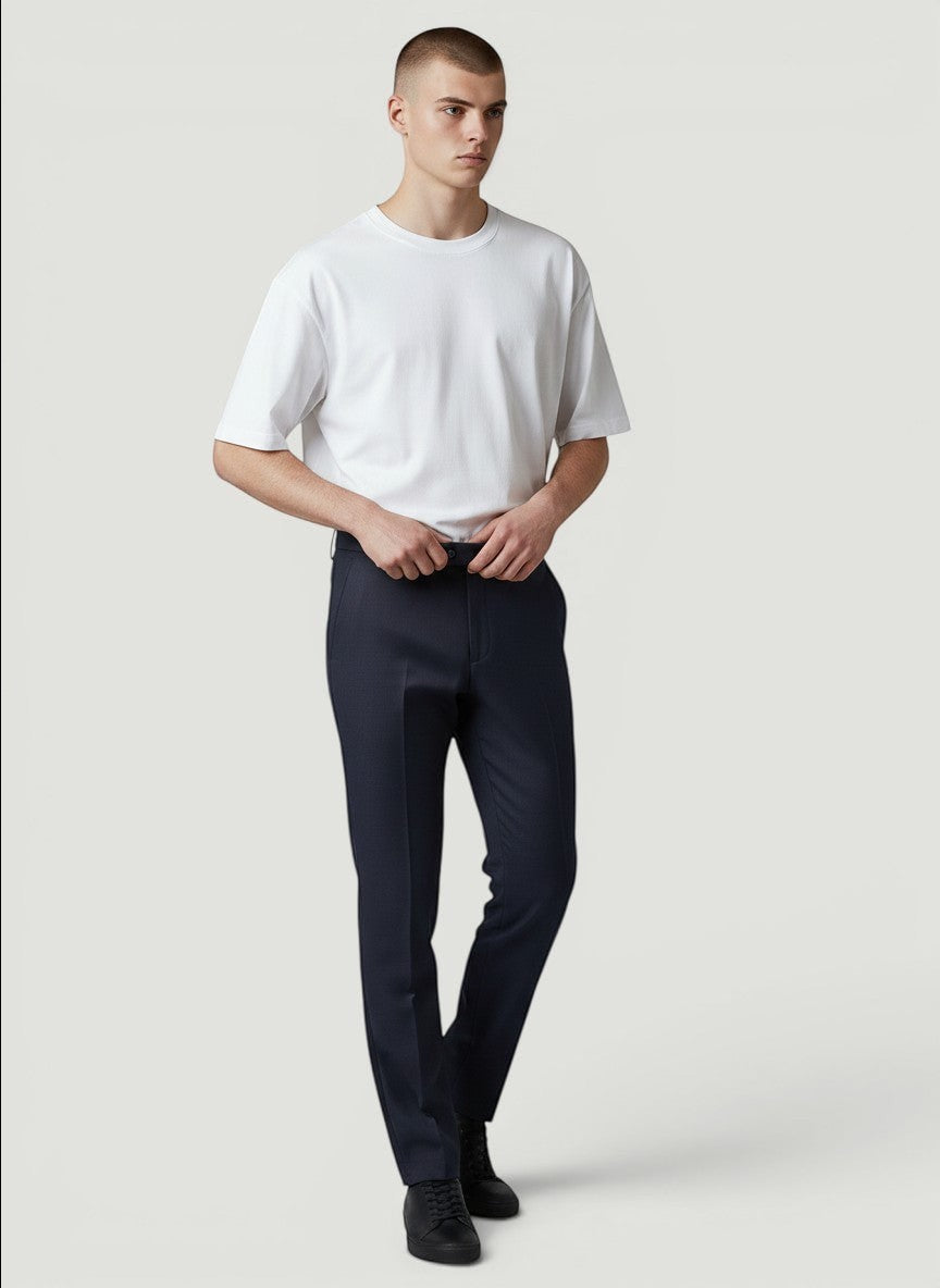 Calça masculina Bluviso reta de verão, azul-marinho, tecido leve, elástico e sem necessidade de passar.