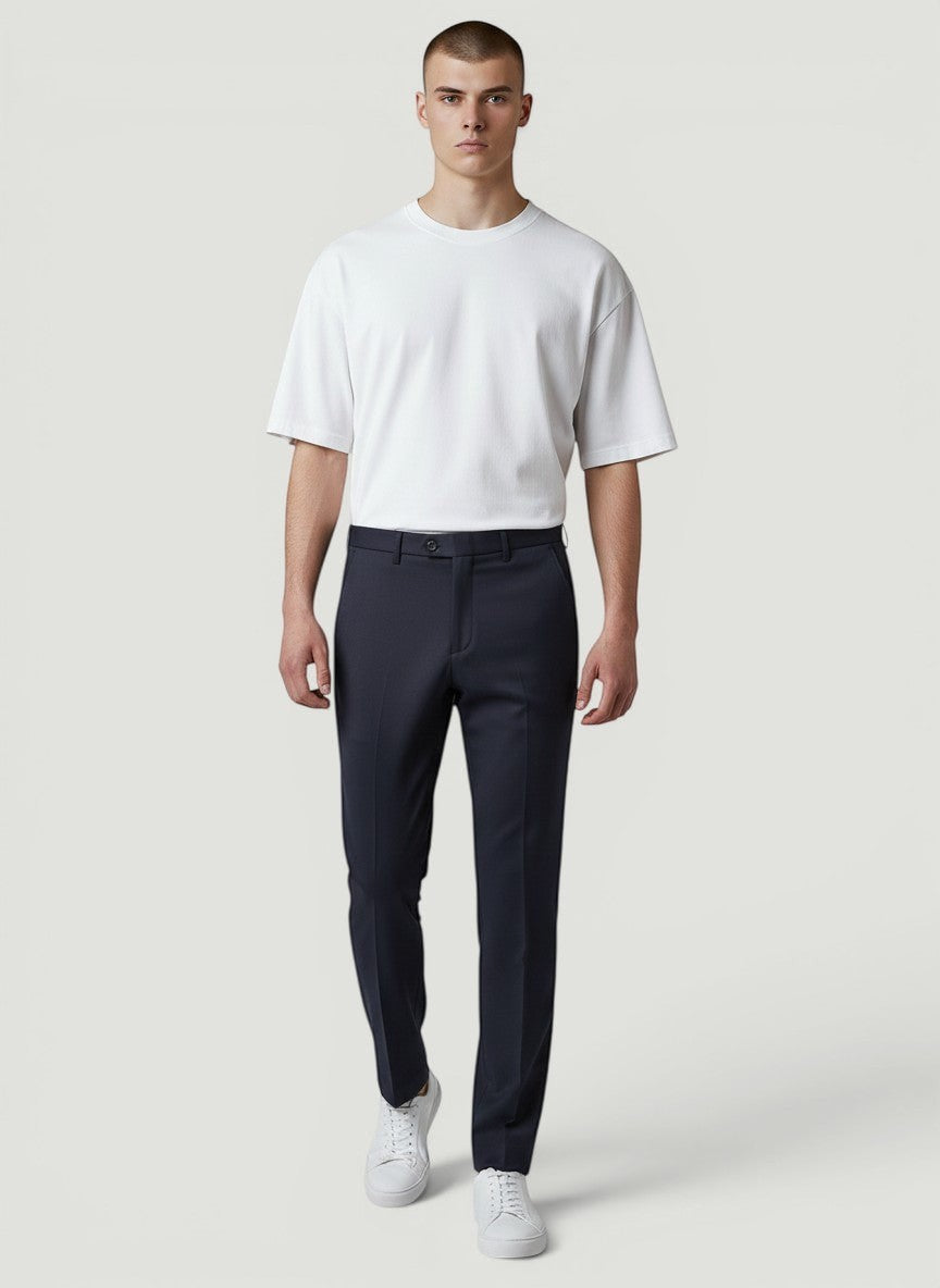 Calça masculina Bluviso reta casual azul-marinho de tecido leve e elástico, ideal para o verão.