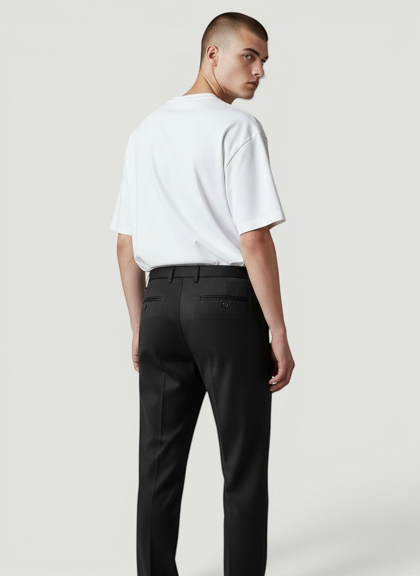 Calça social masculina Bluviso preta de corte reto, tecido leve e elástico, ideal para o verão.
