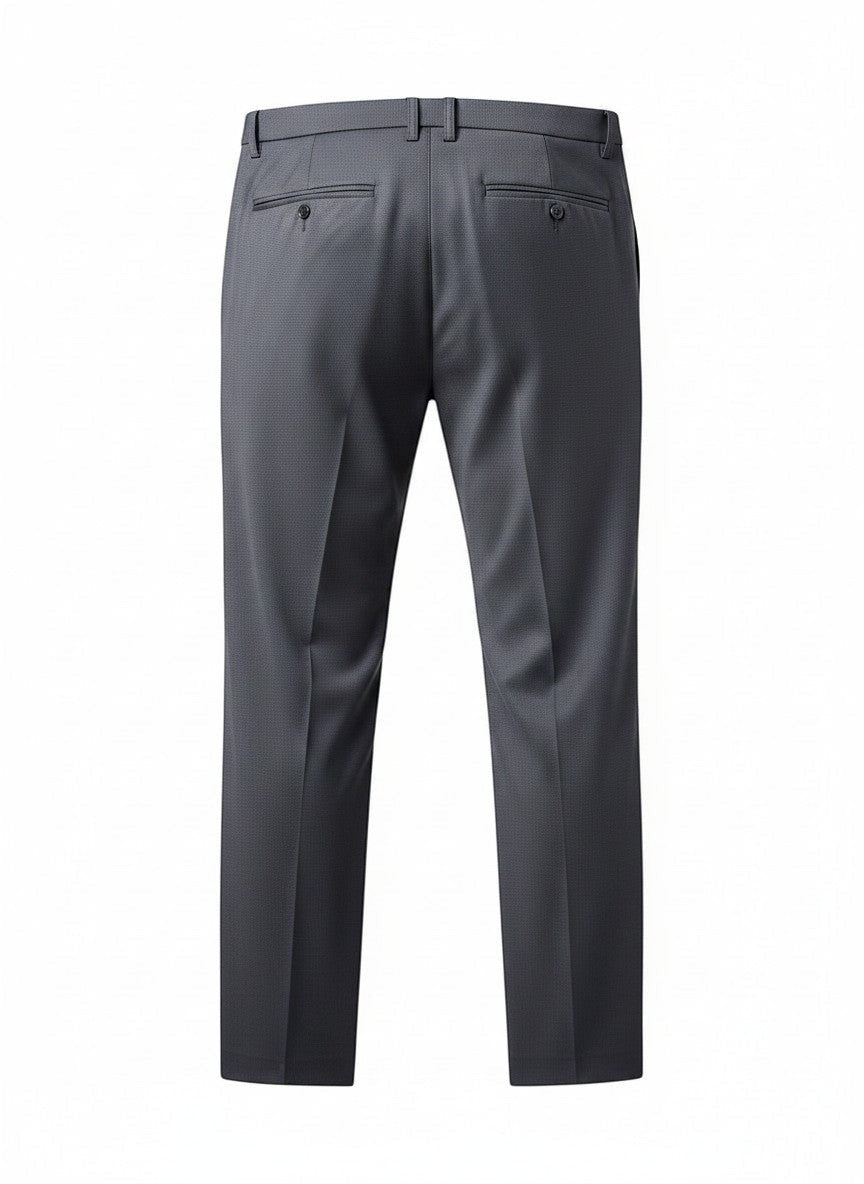 Vista traseira da calça social masculina de alfaiataria Bluviso em azul marinho com bolsos embutidos e corte preciso.