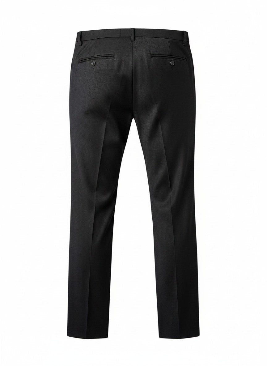 Vista traseira da calça social masculina de alfaiataria Bluviso em azul marinho com bolsos embutidos e corte preciso.