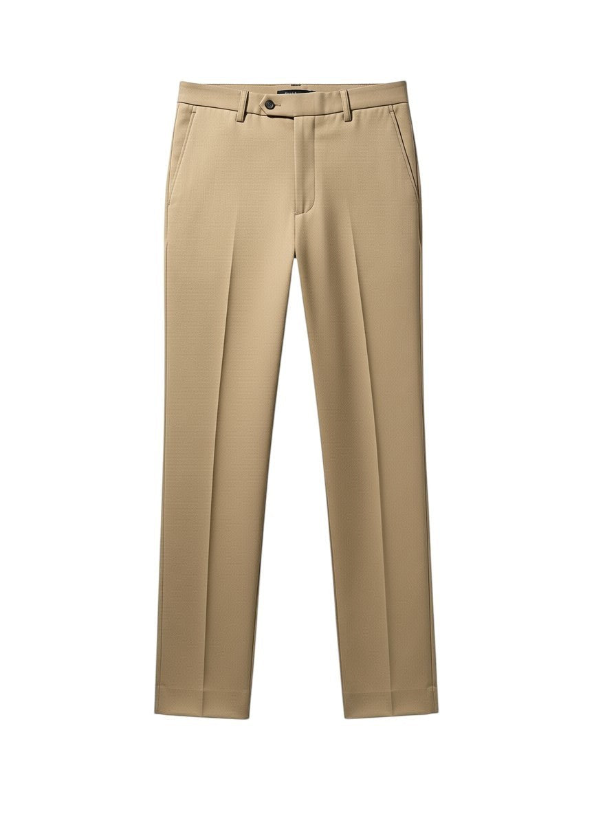Calça social masculina bege Bluviso, corte reto, tecido leve e elástico, ideal para o verão.