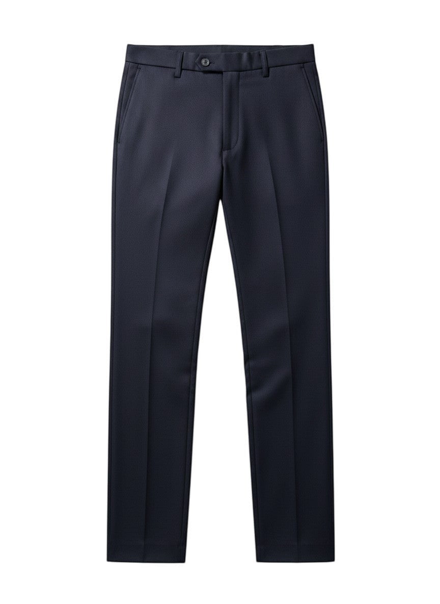 Calça social masculina Bluviso azul-marinho de corte reto, tecido leve e elástico, ideal para o verão.