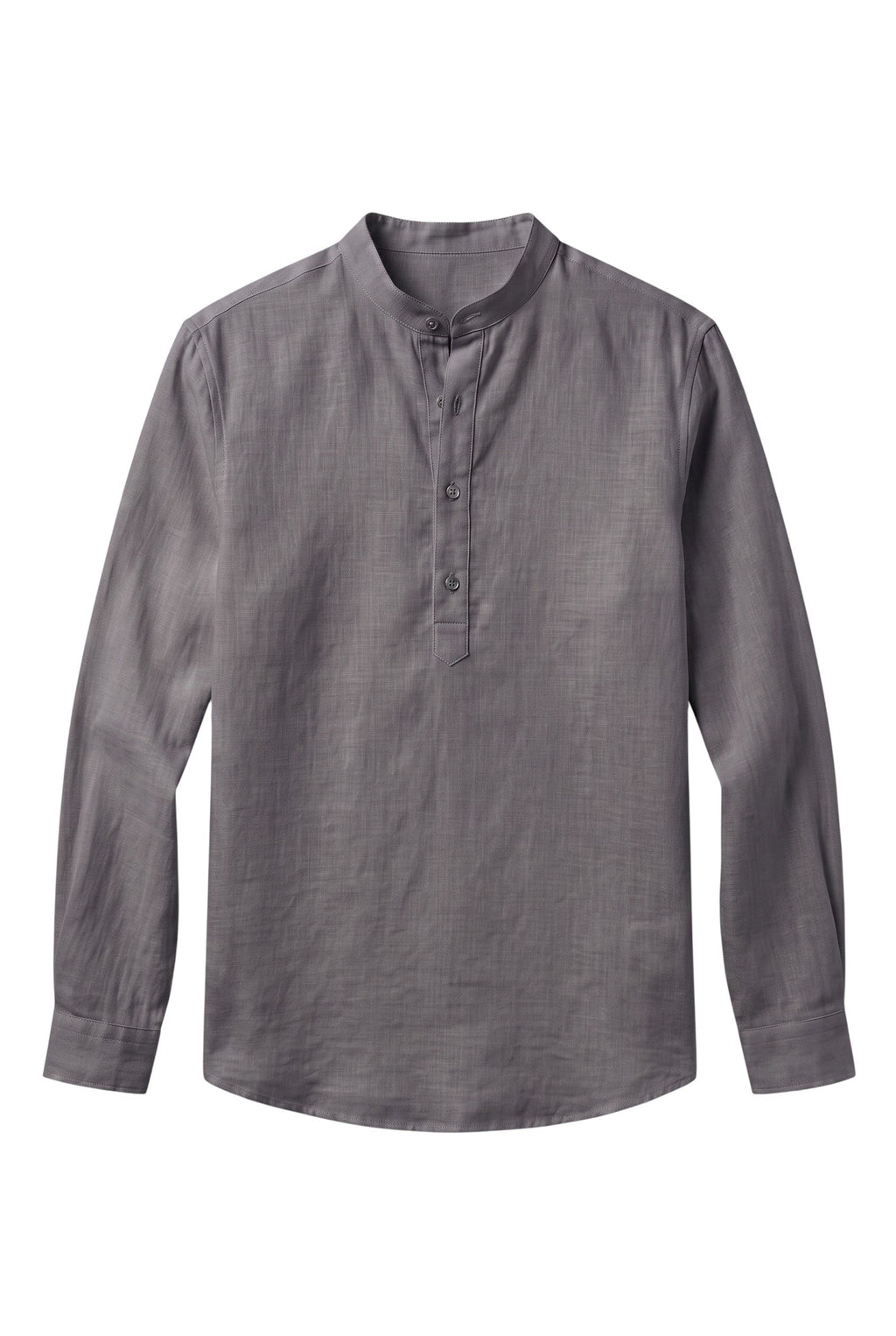 Camisa masculina Bluviso de manga longa cinza em mistura de algodão e linho com gola padre e carcela de botões