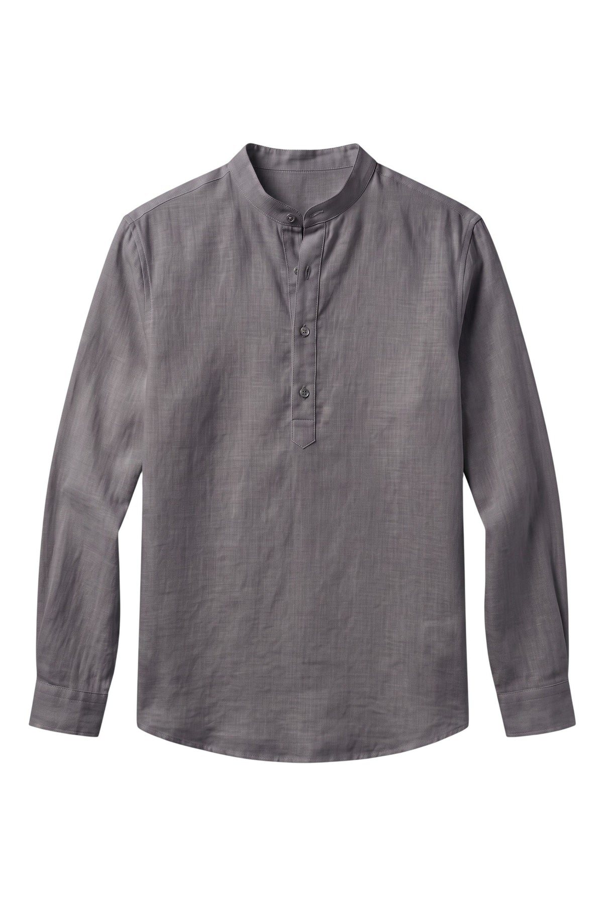 Camisa masculina Bluviso de manga longa cinza em mistura de algodão e linho com gola padre e carcela de botões