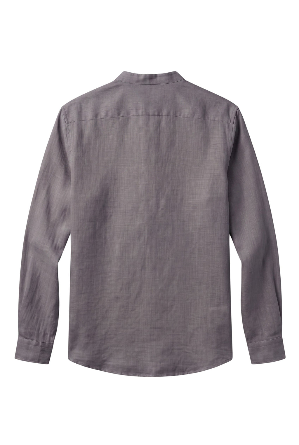 Camisa polo masculina Bluviso de manga longa em tecido de algodão e linho cinza com gola padre, vista das costas.