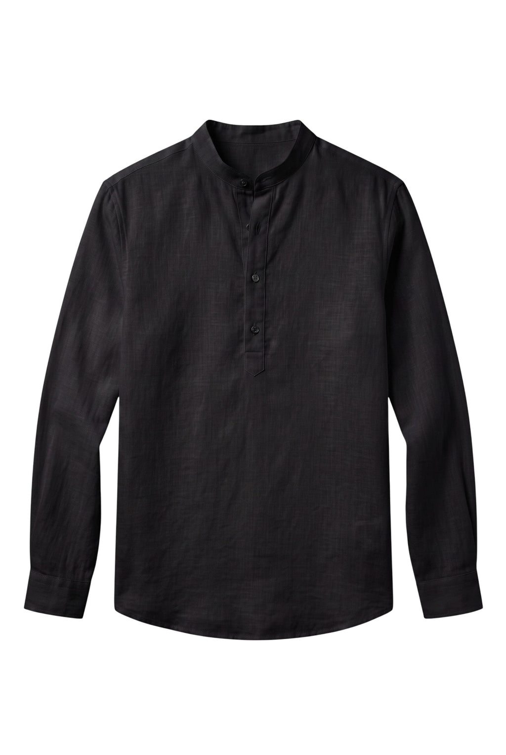 Camisa polo masculina Bluviso de manga longa na cor preta, feita em mistura de algodão e linho com gola padre moderna.