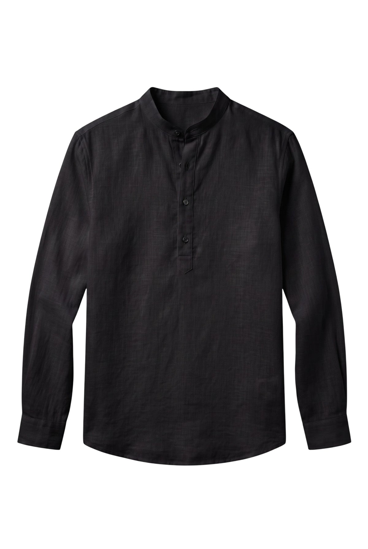Camisa polo masculina Bluviso de manga longa na cor preta, feita em mistura de algodão e linho com gola padre moderna.