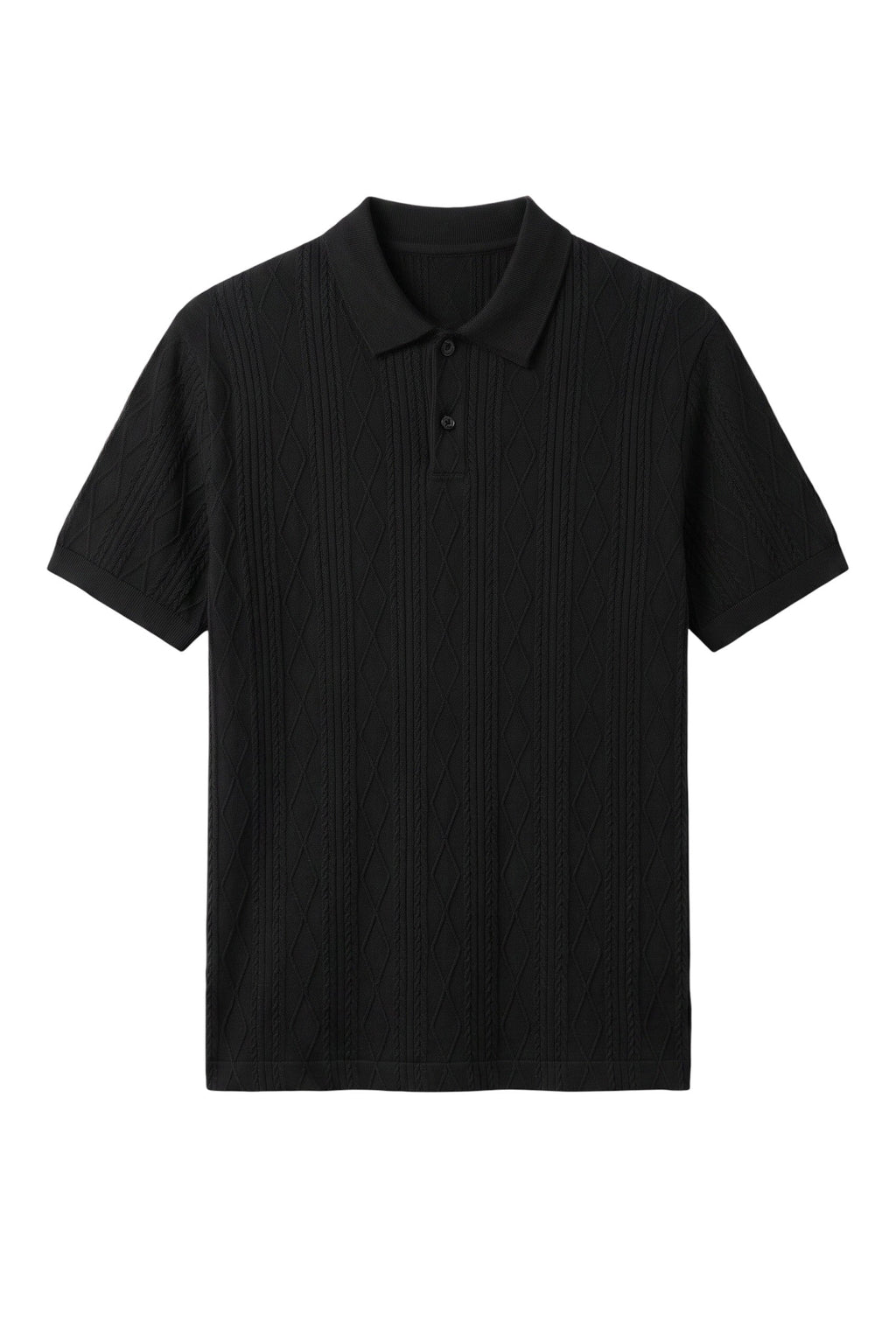 Camisa polo masculina preta Bluviso com textura em relevo, gola clássica e fechamento frontal por botões.