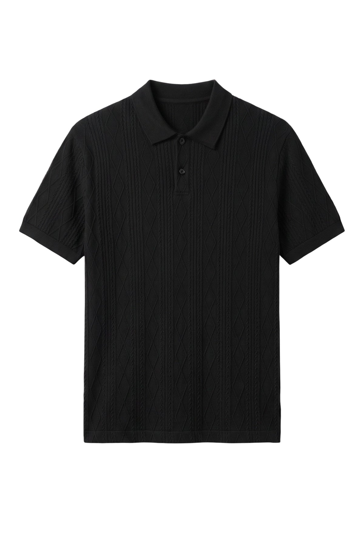 Camisa polo masculina preta Bluviso com textura em relevo, gola clássica e fechamento frontal por botões.