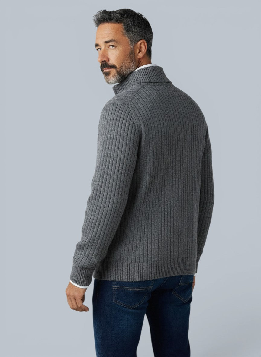 Cardigã masculino cinza de lã merino com gola alta e zíper, estilo casual elegante da marca Bluviso.