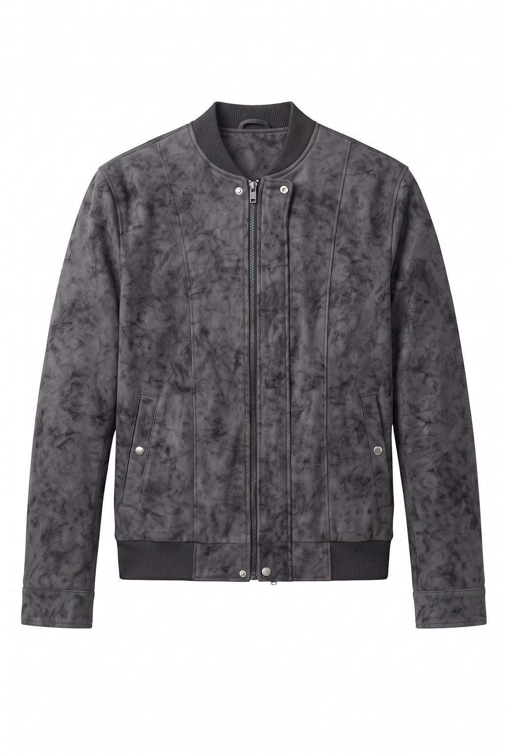 Jaqueta bomber masculina Bluviso em camurça sintética preto com textura manchada, zíper frontal e punhos canelados.
