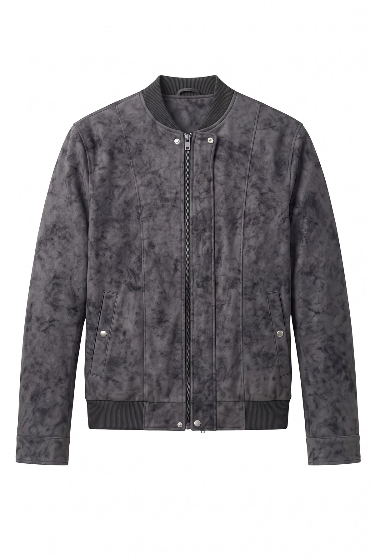 Jaqueta bomber masculina Bluviso em camurça sintética preto com textura manchada, zíper frontal e punhos canelados.