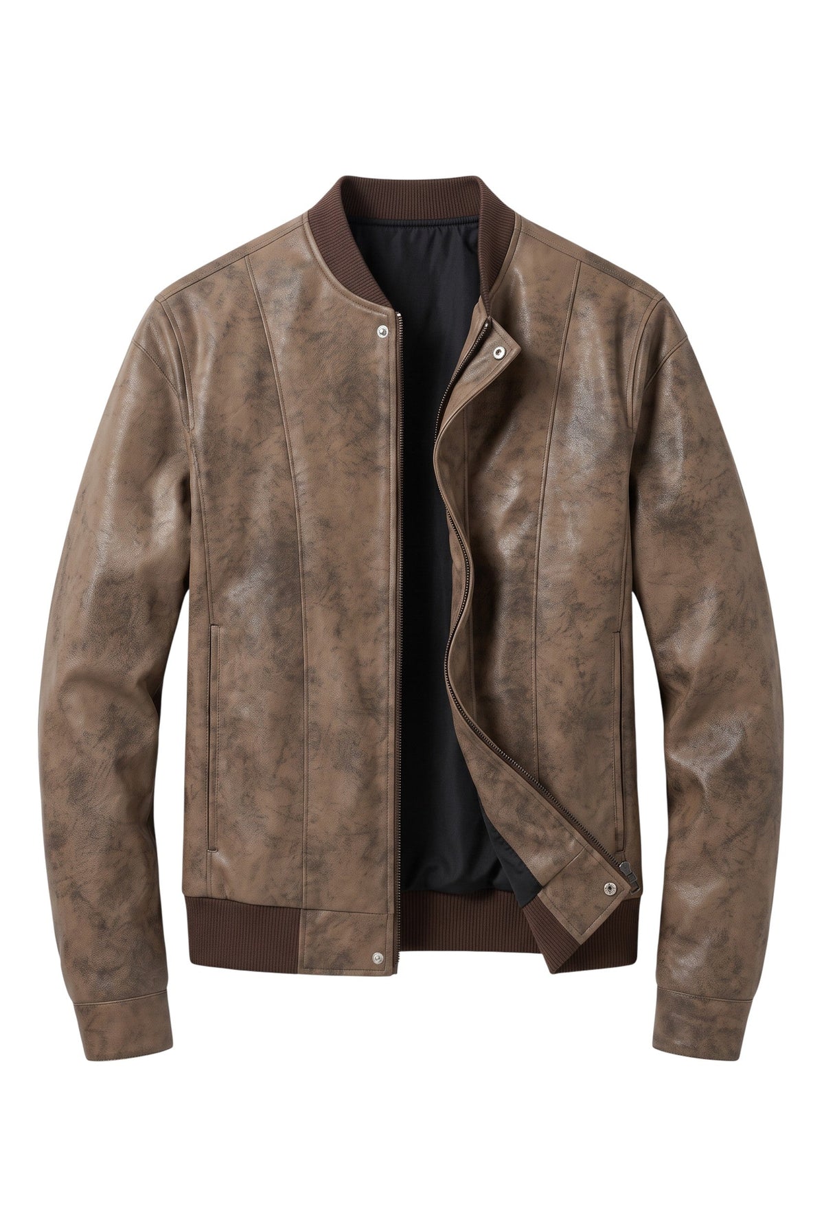 Jaqueta bomber masculina Bluviso em material sintético com textura de camurça café e acabamento estruturado