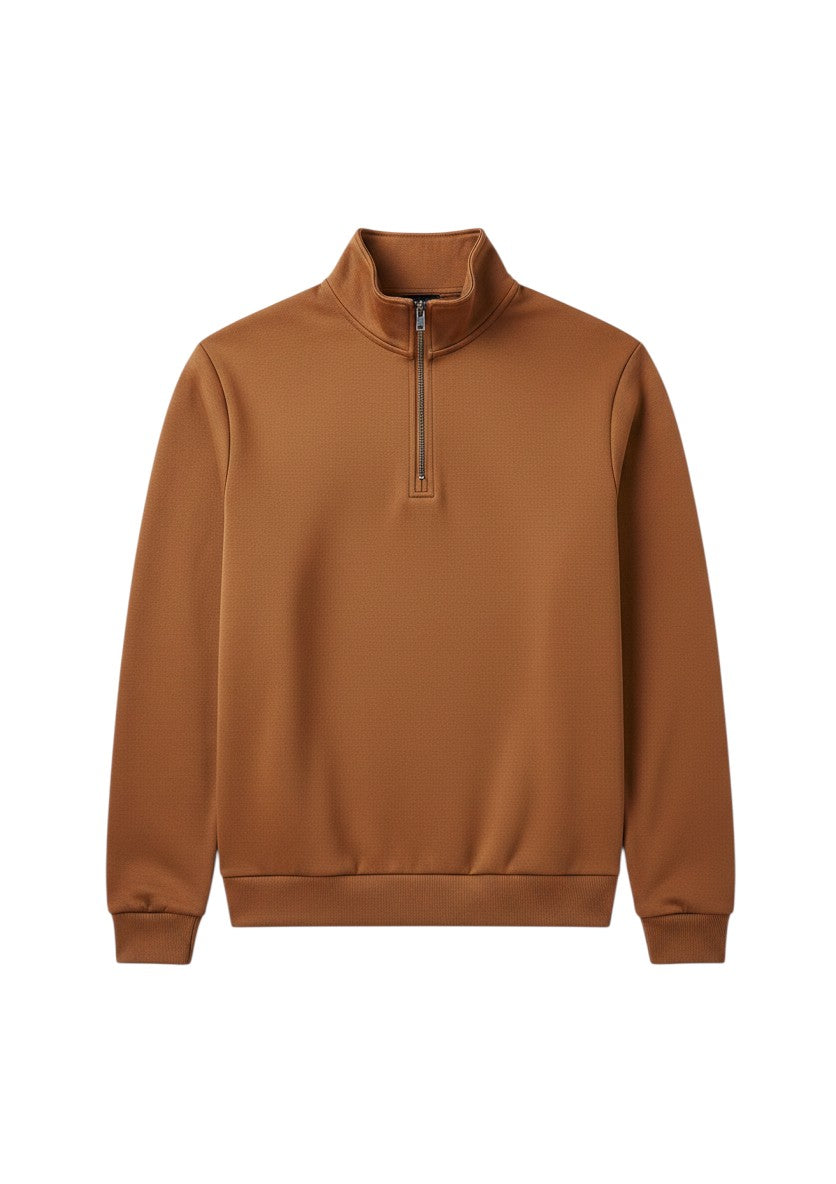 Suéter Bluviso marrom de gola alta com meio zíper, punhos e barra em ribana, ideal para um visual elegante e moderno.