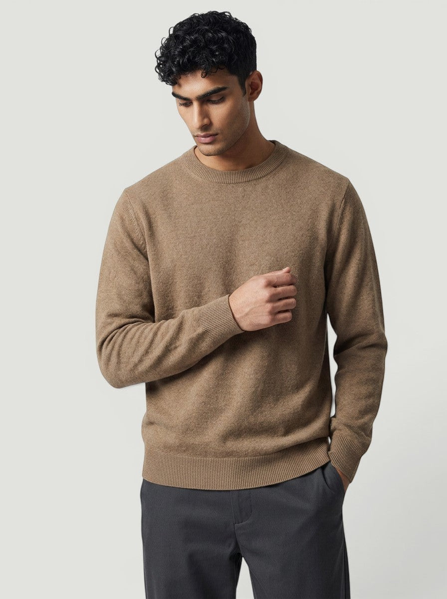 Suéter de tricô bege Bluviso com gola careca, usado por modelo masculino em fundo neutro.